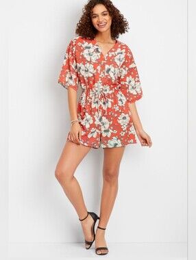 maurices - Rust Floral Drawstring Waist Romper